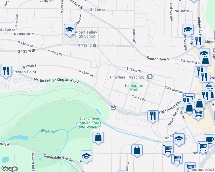 map of restaurants, bars, coffee shops, grocery stores, and more near 256 81st Avenue South in Renton