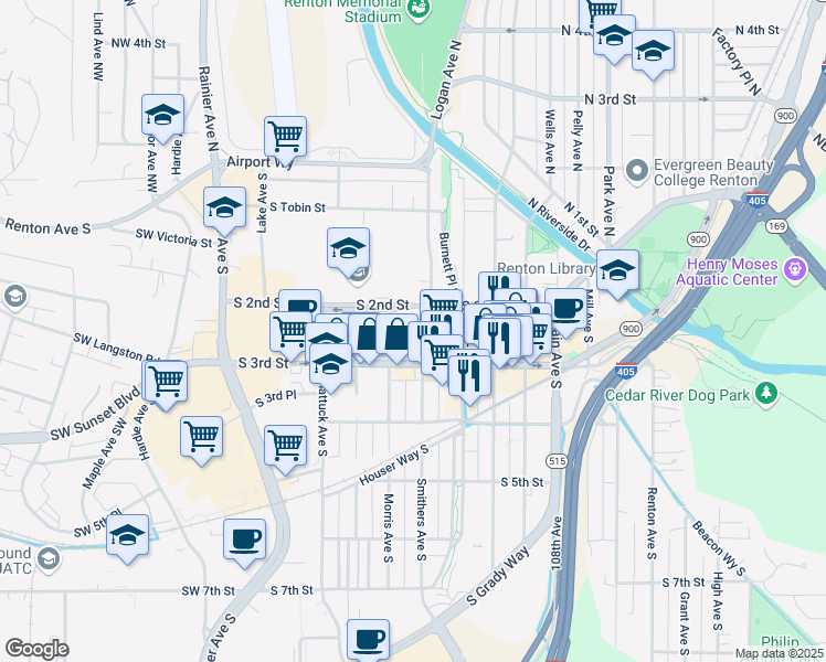 map of restaurants, bars, coffee shops, grocery stores, and more near 205 Logan Avenue South in Renton