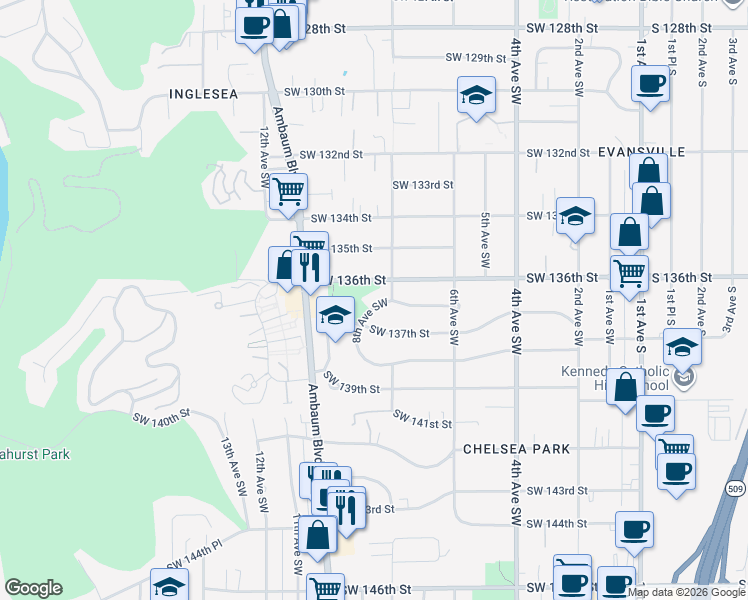 map of restaurants, bars, coffee shops, grocery stores, and more near 820 Southwest 136th Street in Burien