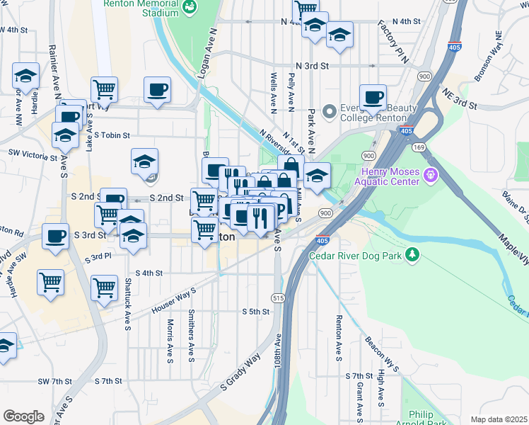 map of restaurants, bars, coffee shops, grocery stores, and more near 206 Wells Avenue South in Renton