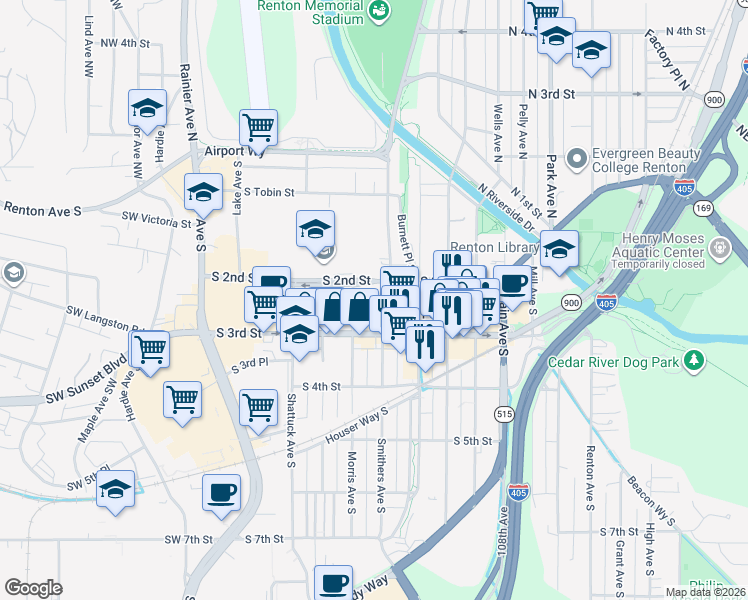 map of restaurants, bars, coffee shops, grocery stores, and more near 205 Logan Avenue South in Renton