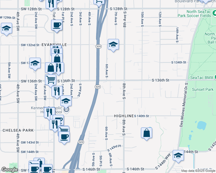 map of restaurants, bars, coffee shops, grocery stores, and more near 515 South 136th Street in Burien