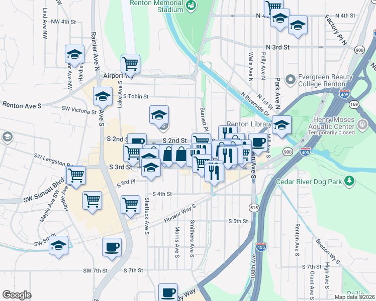 map of restaurants, bars, coffee shops, grocery stores, and more near 205 Logan Avenue South in Renton