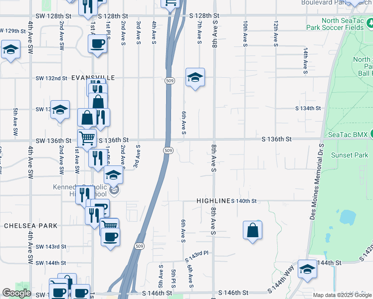 map of restaurants, bars, coffee shops, grocery stores, and more near 515 South 136th Street in Burien