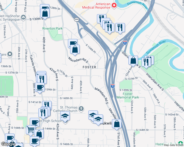 map of restaurants, bars, coffee shops, grocery stores, and more near 13604 Macadam Road South in Tukwila