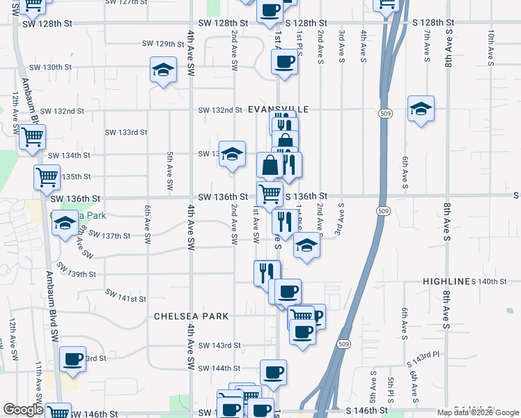 map of restaurants, bars, coffee shops, grocery stores, and more near 13618 1st Avenue Southwest in Burien
