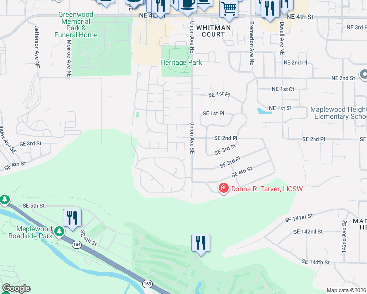 map of restaurants, bars, coffee shops, grocery stores, and more near 201 Union Avenue Southeast in Renton