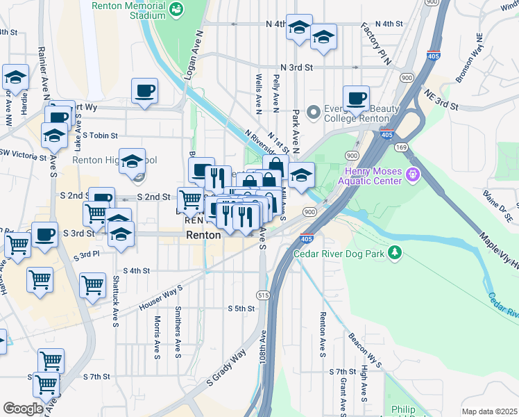 map of restaurants, bars, coffee shops, grocery stores, and more near 207 Main Avenue South in Renton