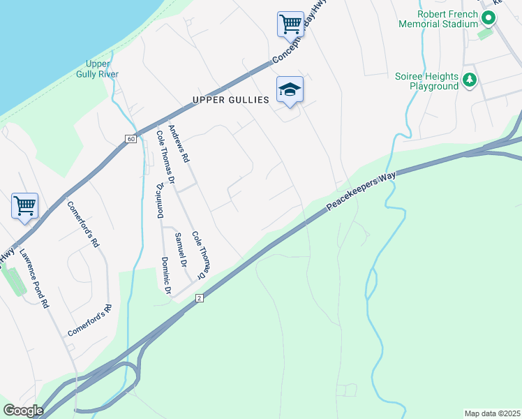 map of restaurants, bars, coffee shops, grocery stores, and more near 17 Green Ridge Place in Conception Bay South