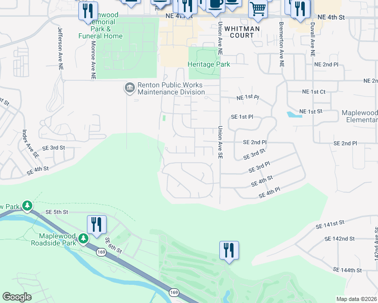 map of restaurants, bars, coffee shops, grocery stores, and more near 375 Union Avenue Southeast in Renton