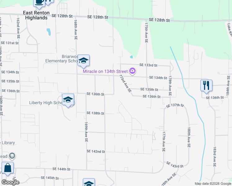 map of restaurants, bars, coffee shops, grocery stores, and more near 13454 172nd Avenue Southeast in Renton