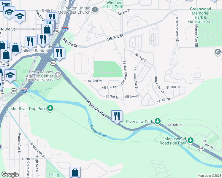 map of restaurants, bars, coffee shops, grocery stores, and more near 263 Dayton Avenue Southeast in Renton
