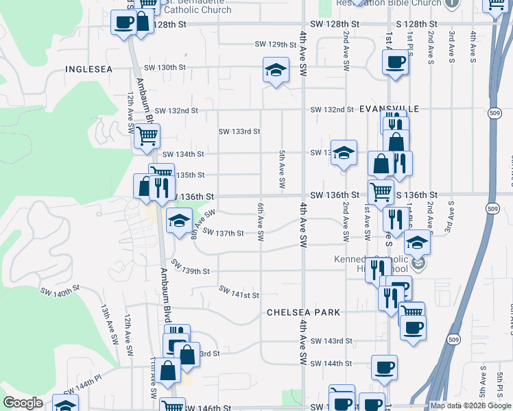 map of restaurants, bars, coffee shops, grocery stores, and more near 13606 6th Avenue Southwest in Burien