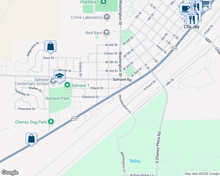 map of restaurants, bars, coffee shops, grocery stores, and more near 534 Villard Street in Cheney