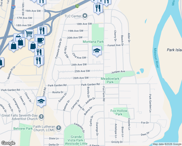 map of restaurants, bars, coffee shops, grocery stores, and more near 1008 25th Avenue Southwest in Great Falls