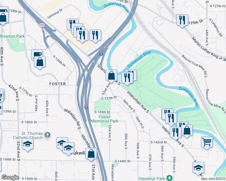 map of restaurants, bars, coffee shops, grocery stores, and more near 13526 53rd Avenue South in Tukwila