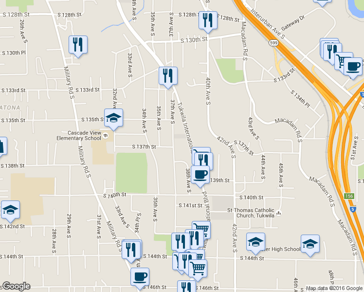 map of restaurants, bars, coffee shops, grocery stores, and more near 13702 37th Avenue South in Tukwila