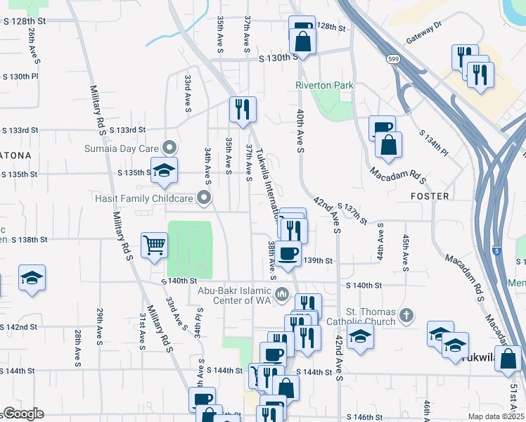 map of restaurants, bars, coffee shops, grocery stores, and more near 13704 37th Avenue South in Tukwila