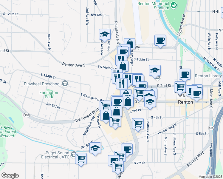 map of restaurants, bars, coffee shops, grocery stores, and more near 263 Rainier Avenue South in Renton