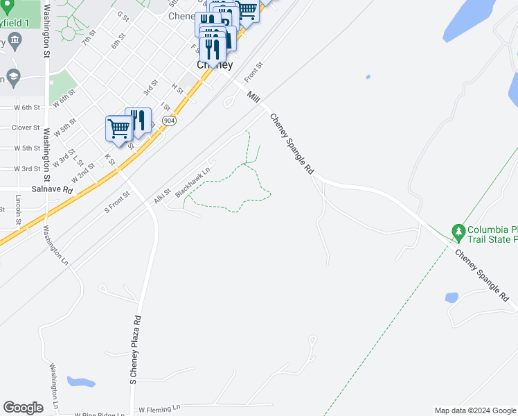 map of restaurants, bars, coffee shops, grocery stores, and more near 240 South Cheney Spangle Road in Cheney