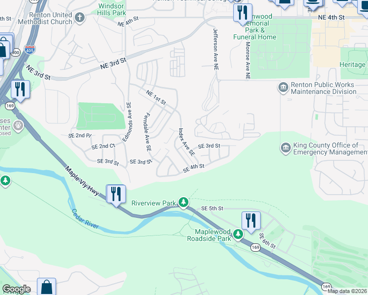 map of restaurants, bars, coffee shops, grocery stores, and more near 2814 Southeast 2nd Court in Renton