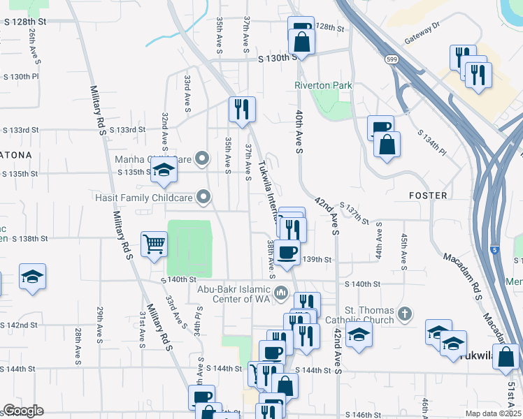 map of restaurants, bars, coffee shops, grocery stores, and more near 13552 37th Avenue South in Tukwila