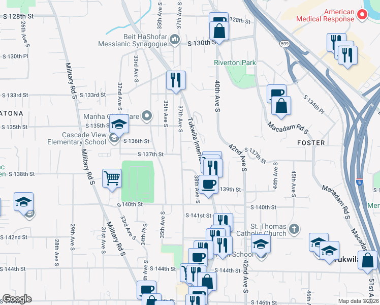 map of restaurants, bars, coffee shops, grocery stores, and more near 13554 37th Avenue South in Tukwila