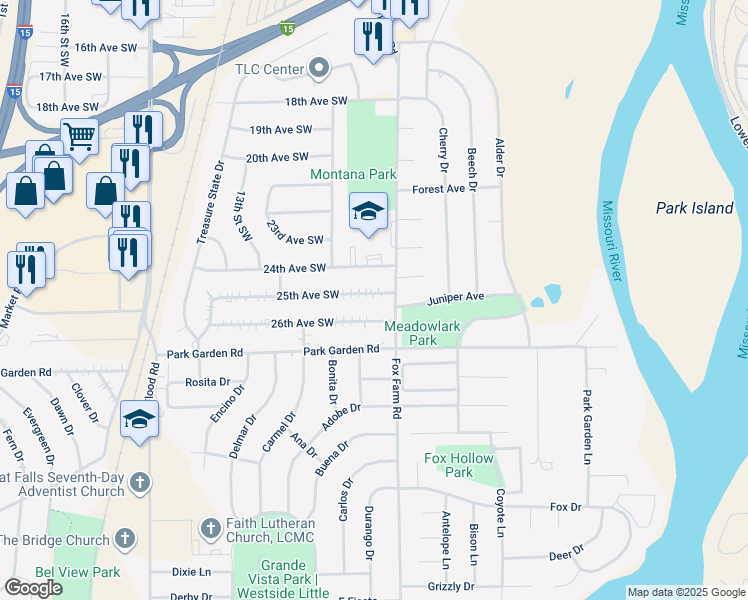 map of restaurants, bars, coffee shops, grocery stores, and more near 908 25th Avenue Southwest in Great Falls