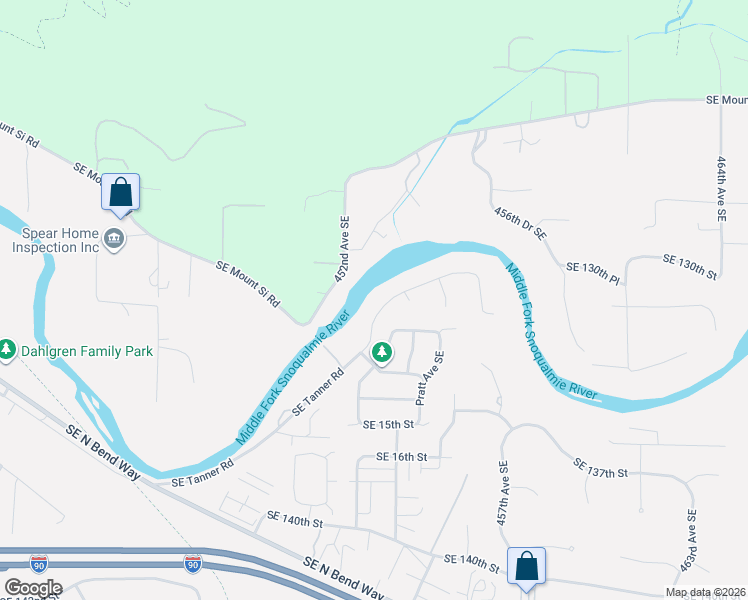 map of restaurants, bars, coffee shops, grocery stores, and more near 45326 Southeast Tanner Road in North Bend