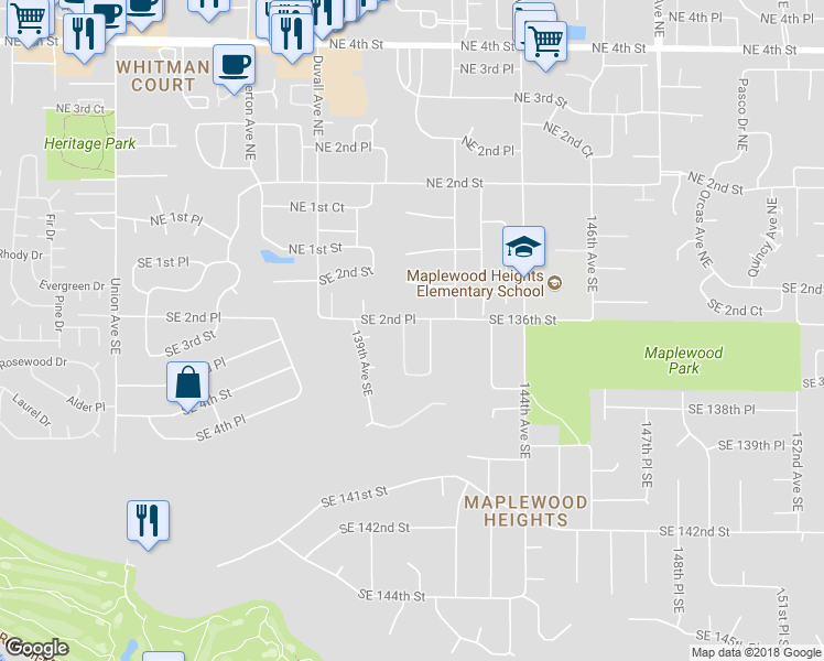 map of restaurants, bars, coffee shops, grocery stores, and more near 4921 Southeast 2nd Place in Renton