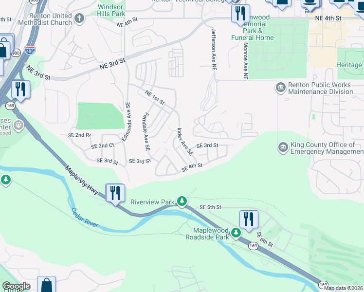 map of restaurants, bars, coffee shops, grocery stores, and more near 2814 Southeast 2nd Court in Renton