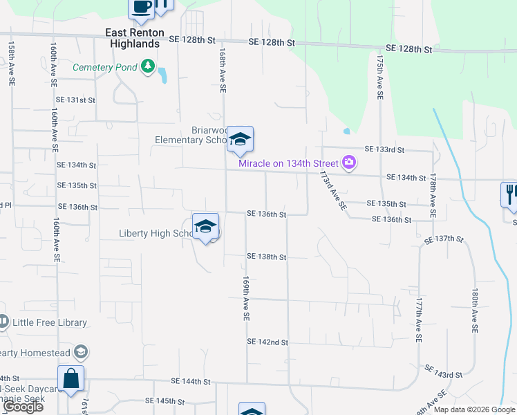 map of restaurants, bars, coffee shops, grocery stores, and more near 16904 Southeast 136th Street in Renton