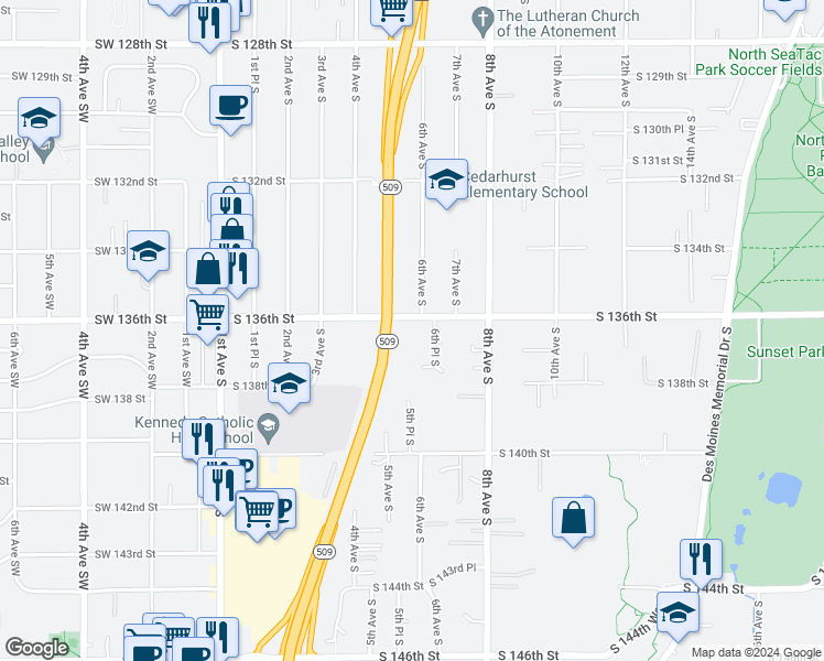 map of restaurants, bars, coffee shops, grocery stores, and more near 515 South 136th Street in Burien