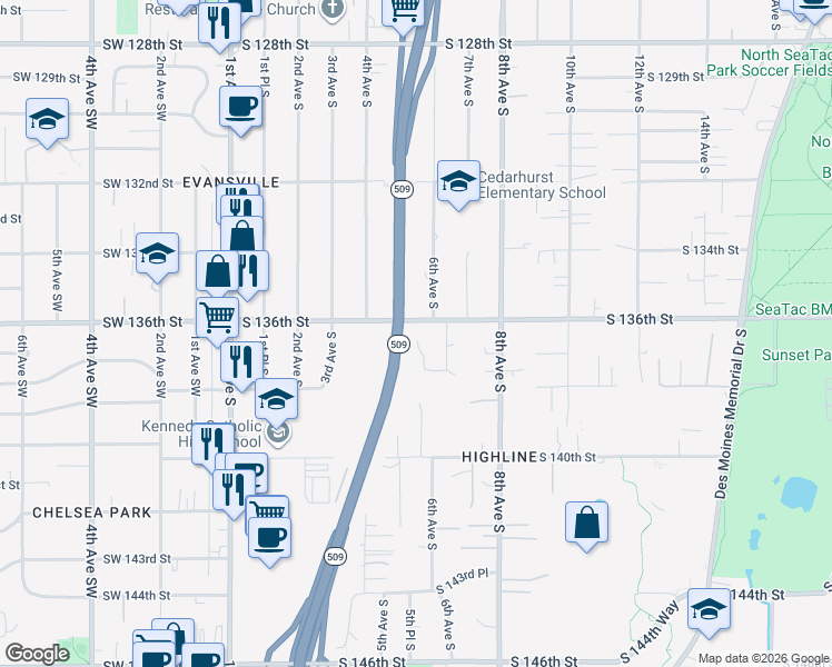 map of restaurants, bars, coffee shops, grocery stores, and more near 511 South 136th Street in Burien