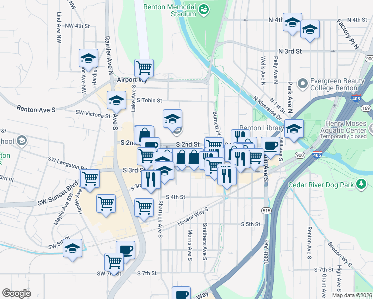 map of restaurants, bars, coffee shops, grocery stores, and more near 419 South 2nd Street in Renton