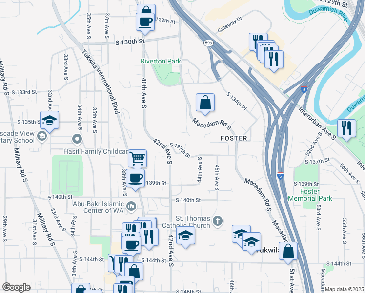 map of restaurants, bars, coffee shops, grocery stores, and more near 4238 South 137th Street in Tukwila