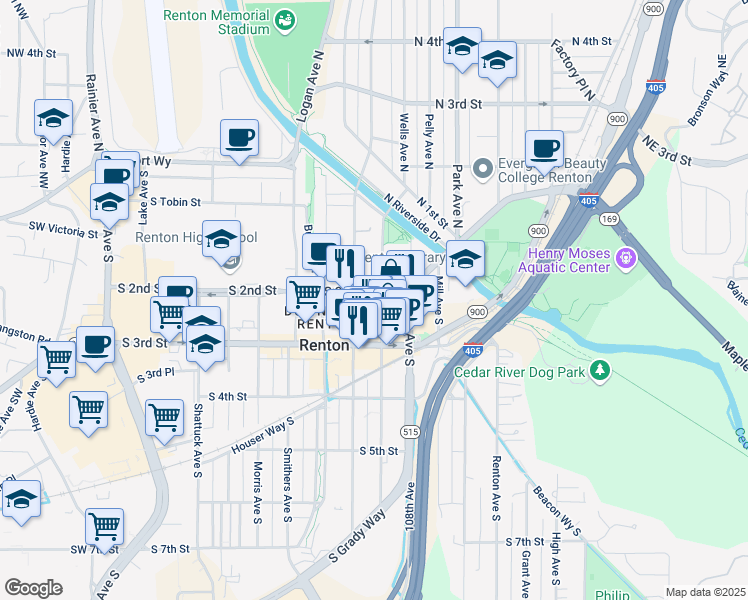 map of restaurants, bars, coffee shops, grocery stores, and more near 201 Wells Ave S in Renton