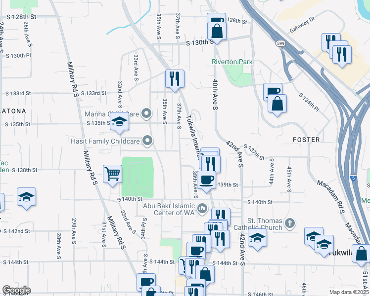 map of restaurants, bars, coffee shops, grocery stores, and more near 13552 37th Avenue South in Tukwila
