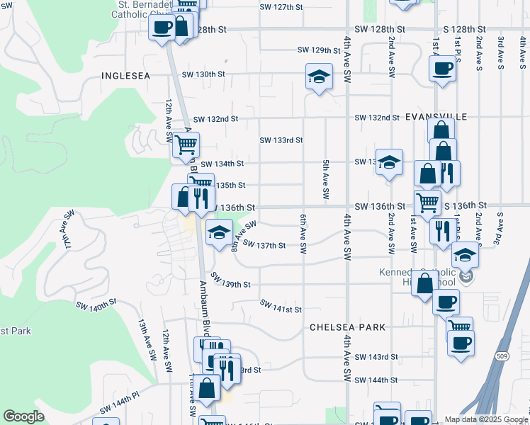 map of restaurants, bars, coffee shops, grocery stores, and more near 13604 8th Avenue Southwest in Burien