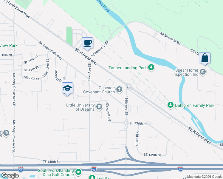map of restaurants, bars, coffee shops, grocery stores, and more near 1278 Haystack Avenue SouthEast in North Bend