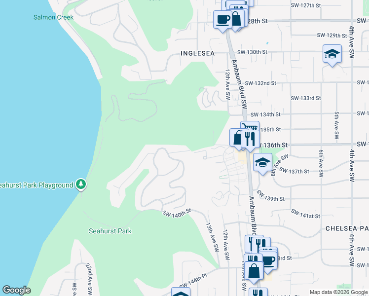 map of restaurants, bars, coffee shops, grocery stores, and more near 1410 Southwest 137th Street in Burien
