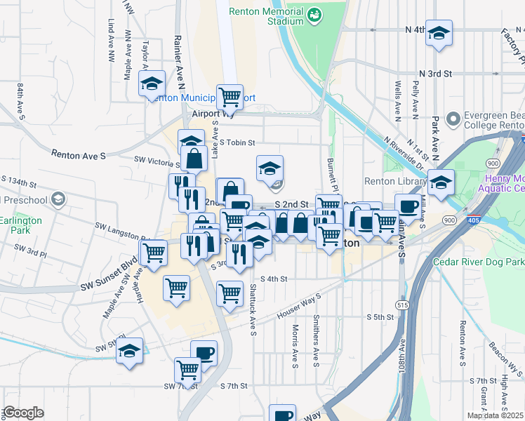 map of restaurants, bars, coffee shops, grocery stores, and more near 315 South 2nd Street in Renton