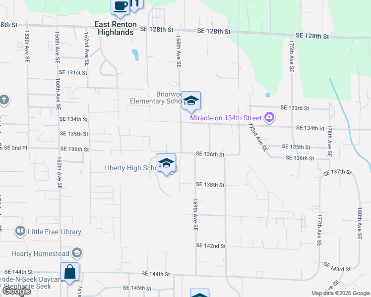 map of restaurants, bars, coffee shops, grocery stores, and more near 16806 Southeast 136th Street in Renton