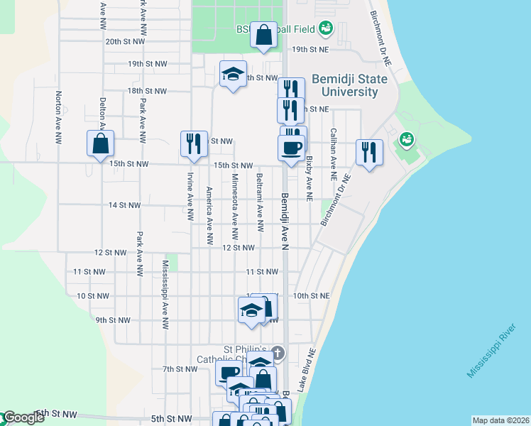 map of restaurants, bars, coffee shops, grocery stores, and more near 1308 Beltrami Avenue Northwest in Bemidji