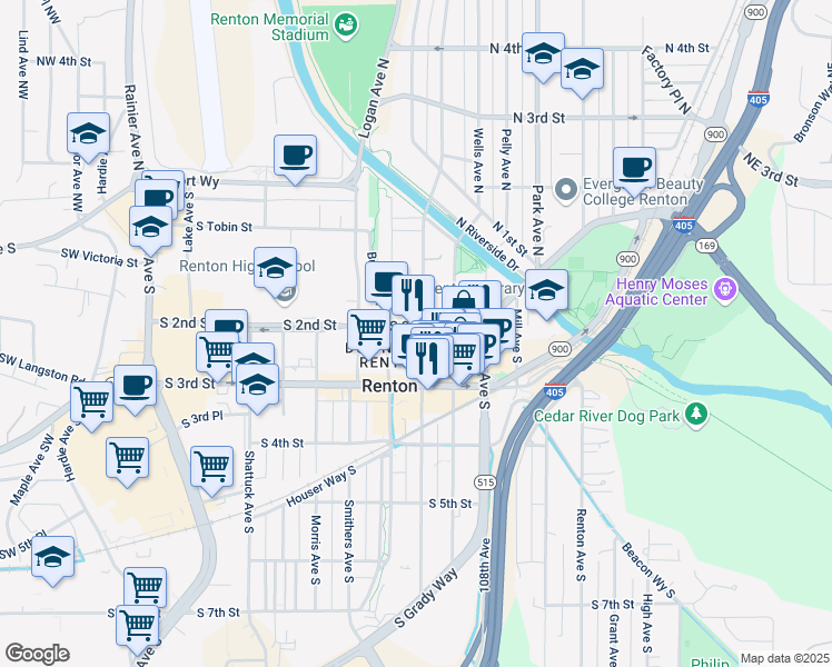 map of restaurants, bars, coffee shops, grocery stores, and more near 201 Wells Avenue South in Renton