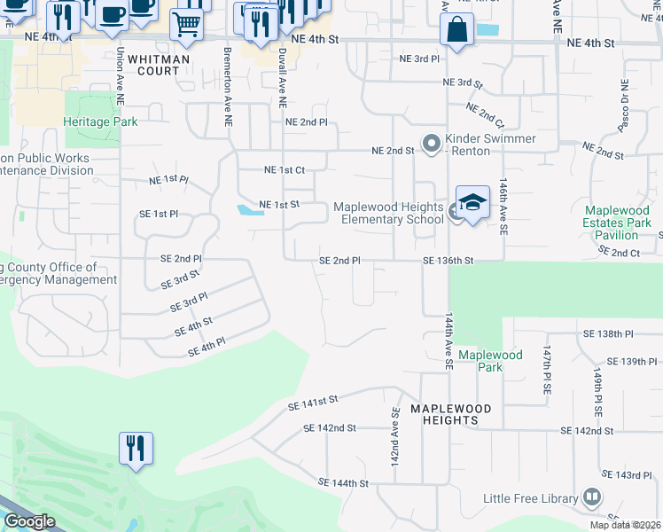 map of restaurants, bars, coffee shops, grocery stores, and more near 13920 Southeast 136th Place in Renton