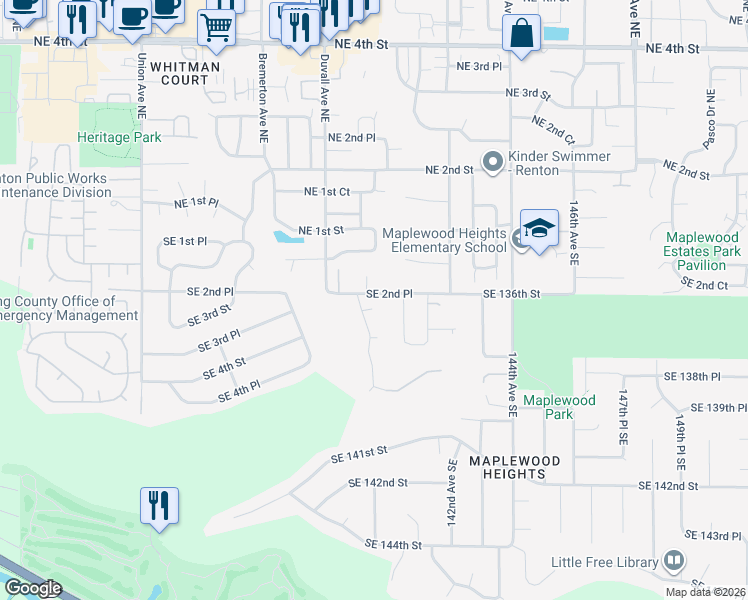 map of restaurants, bars, coffee shops, grocery stores, and more near 13920 Southeast 136th Place in Renton