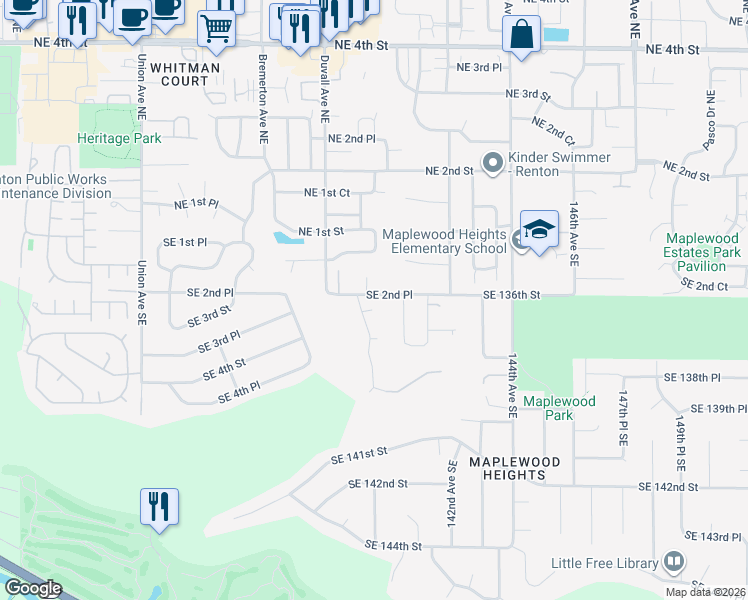 map of restaurants, bars, coffee shops, grocery stores, and more near 13920 Southeast 136th Place in Renton