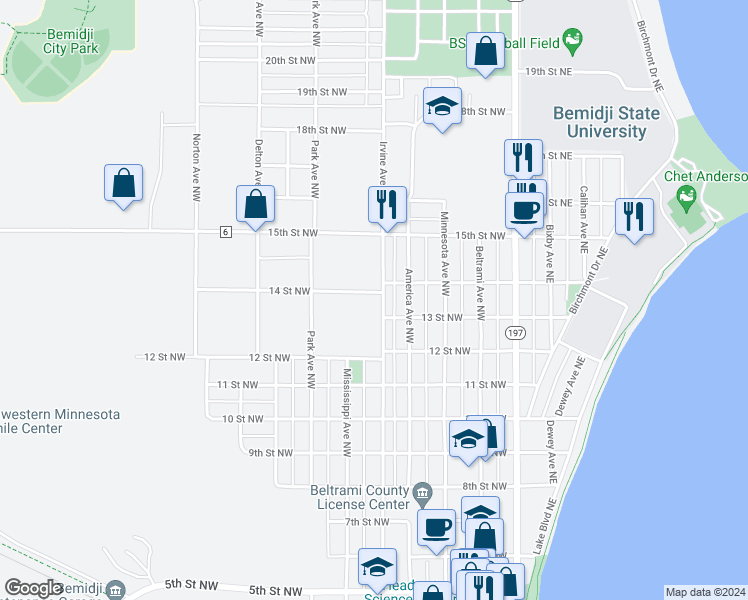 map of restaurants, bars, coffee shops, grocery stores, and more near 1307 Irvine Avenue Northwest in Bemidji