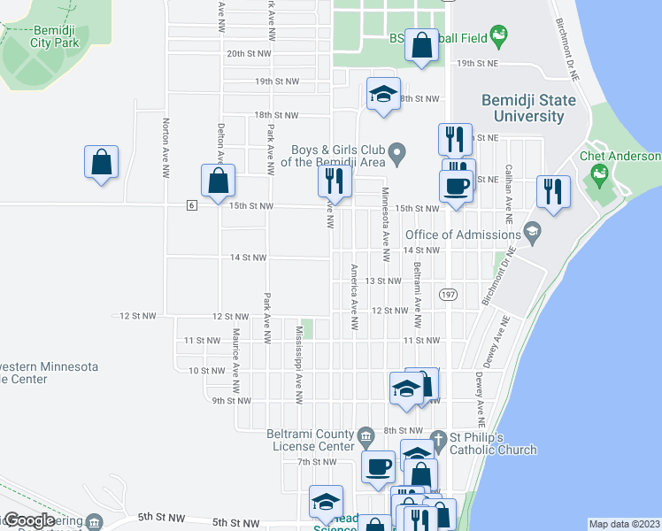 map of restaurants, bars, coffee shops, grocery stores, and more near 1307 Irvine Avenue Northwest in Bemidji